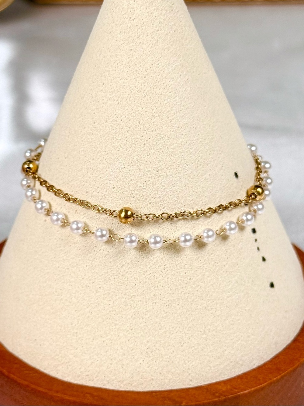 #187 Stainless Steel Faux Pearl & Rhinestone Bracelet Gold Beads